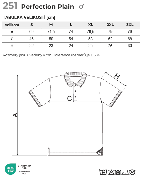 251 Perfection plain polokošile pánská Tabulka velikostí
